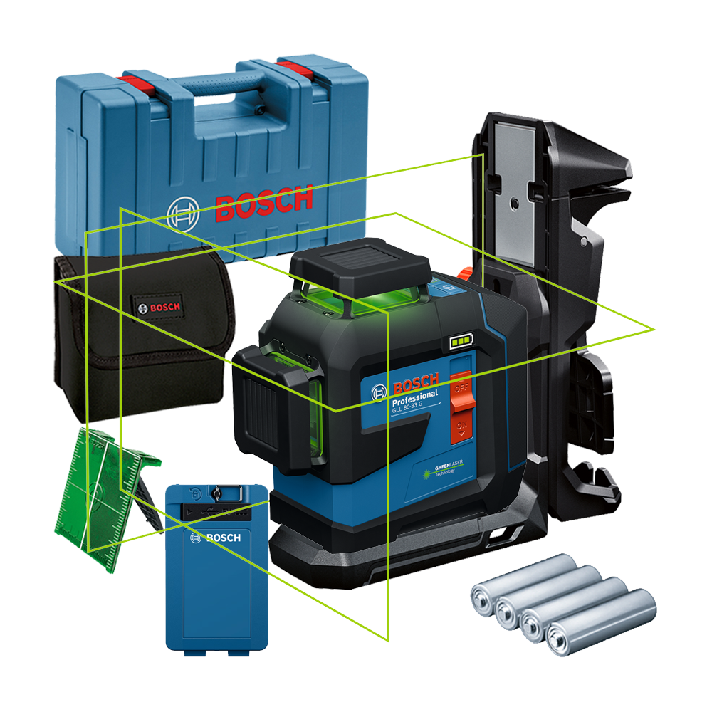 BOSCH GLL 80-33 G + LB 10 Nivela laser cu linii verzi (30 m) + Suport + Acumulator 3.7V, 3Ah + Valiza