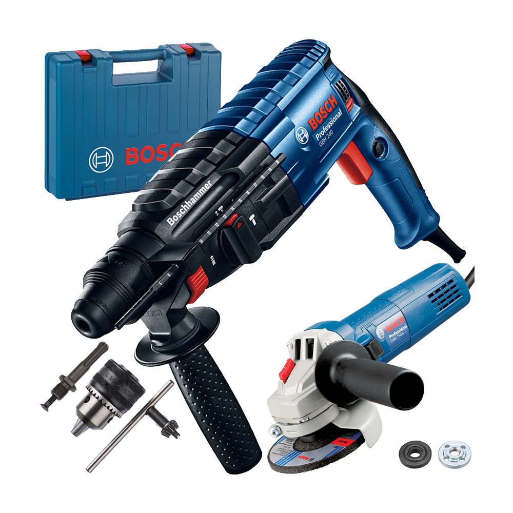 BOSCH GBH 240 Ciocan rotopercutor SDS-plus 720 W, 2.5 J + Mandrina cu cheie cu adaptor SDS-Plus + GWS 750 S (125) Polizor unghiu