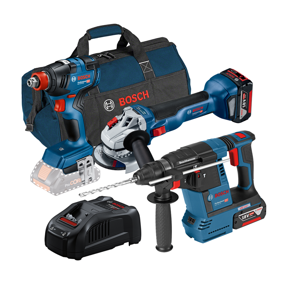 BOSCH Kit 3 scule 18V Ciocan rotopercutor (GBH 18V-26) Li-Ion, 18V, 2.6J + Șurubelniță cu impact (GDX 18V-200) Li-Ion, 18V, 200N