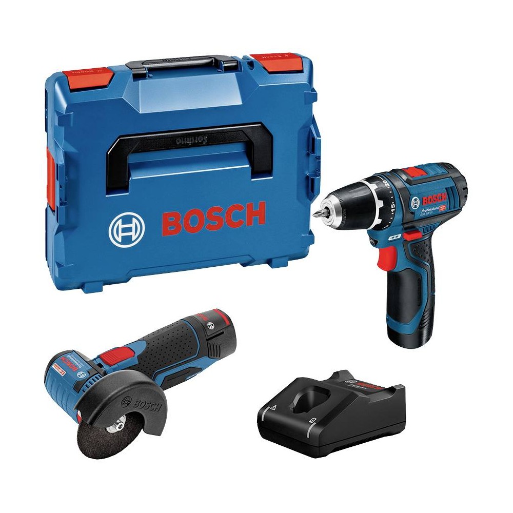 Bosch Set GSR 12V-15 Masina de gaurit + GWS 12V-76 Polizor unghiular + 2 acumulatori GBA 12V 2.0Ah + incărcător GAL 12V-20 Profe