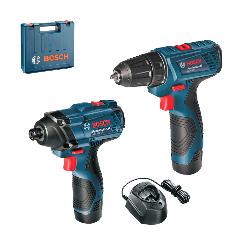 BOSCH Kit 2 scule 12 V GSR 120-LI Masina de gaurit si insurubat + GDR 120-LI Surubelnita cu impact cu 2 acumulatori Li-Ion, 2Ah
