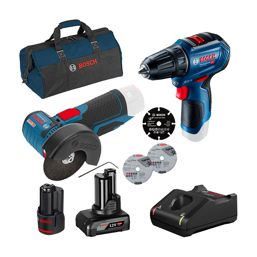 BOSCH Kit 2 scule 12V GWS 12V-76 Polizor unghiular brushless + GSR 12V-30 Masina de gaurit si insurubat brushless, 30Nm + 2 acum