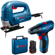 BOSCH Kit 2 scule GST 8000 E Ferastrau vertical 710 W + GSR 120-LI Masina de gaurit si insurubat cu 2 acumulatori Li-Ion, 2Ah, 3