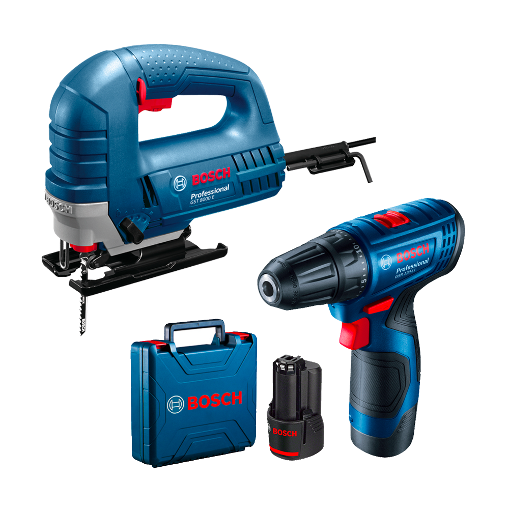 BOSCH Kit 2 scule GST 8000 E Ferastrau vertical 710 W + GSR 120-LI Masina de gaurit si insurubat cu 2 acumulatori Li-Ion, 2Ah, 3