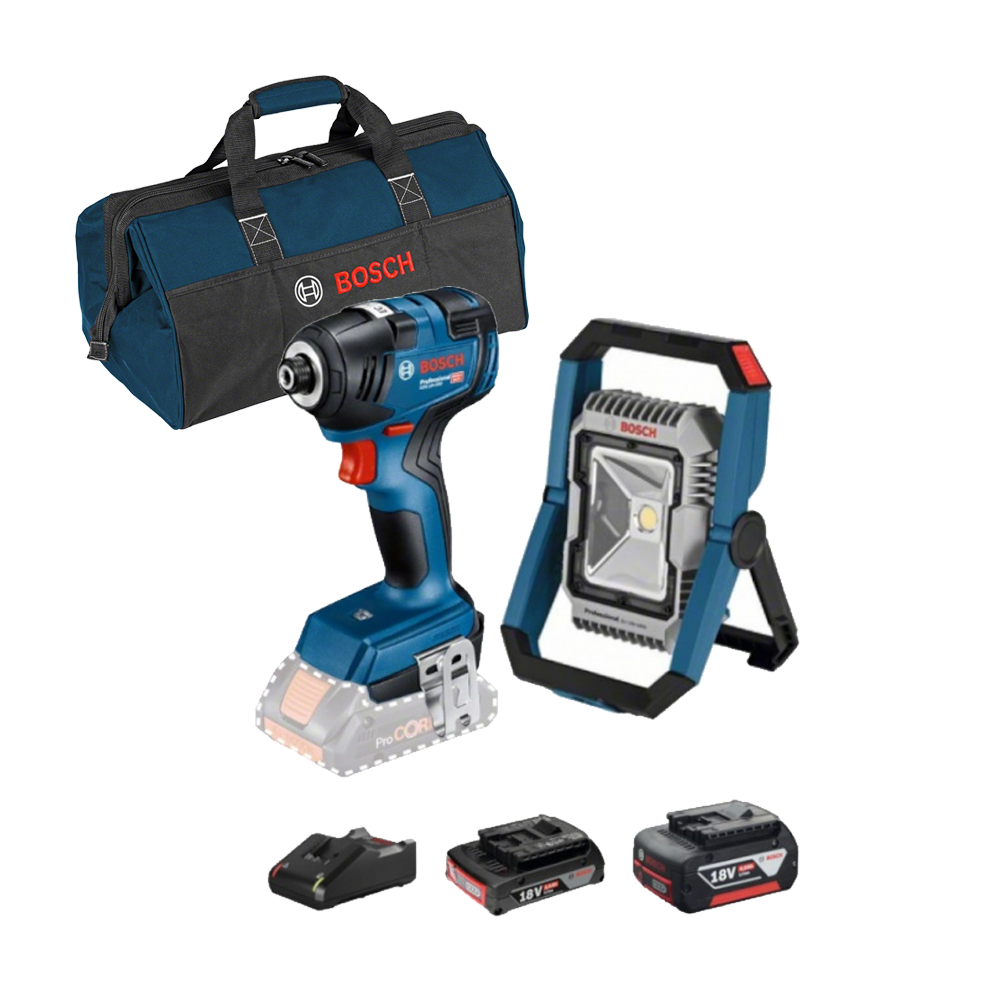 BOSCH  GDR 18V-200 Surubelnita cu impact brushless, cu 2 acumulatori,unul de 4Ah si unul de 2Ah, 200Nm + GLI 18V-1900 Lampa Li-I