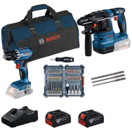 BOSCH  SET COMBI GSR 18V-45 + GBH 18V-22 + set de 45 de capete de şurubelniţă + set de 3 burghie pentru ciocan rotopercutor SDS