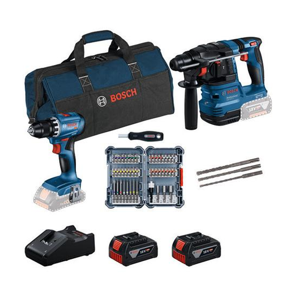 BOSCH  SET COMBI GSR 18V-45 + GBH 18V-22 + set de 45 de capete de şurubelniţă + set de 3 burghie pentru ciocan rotopercutor SDS