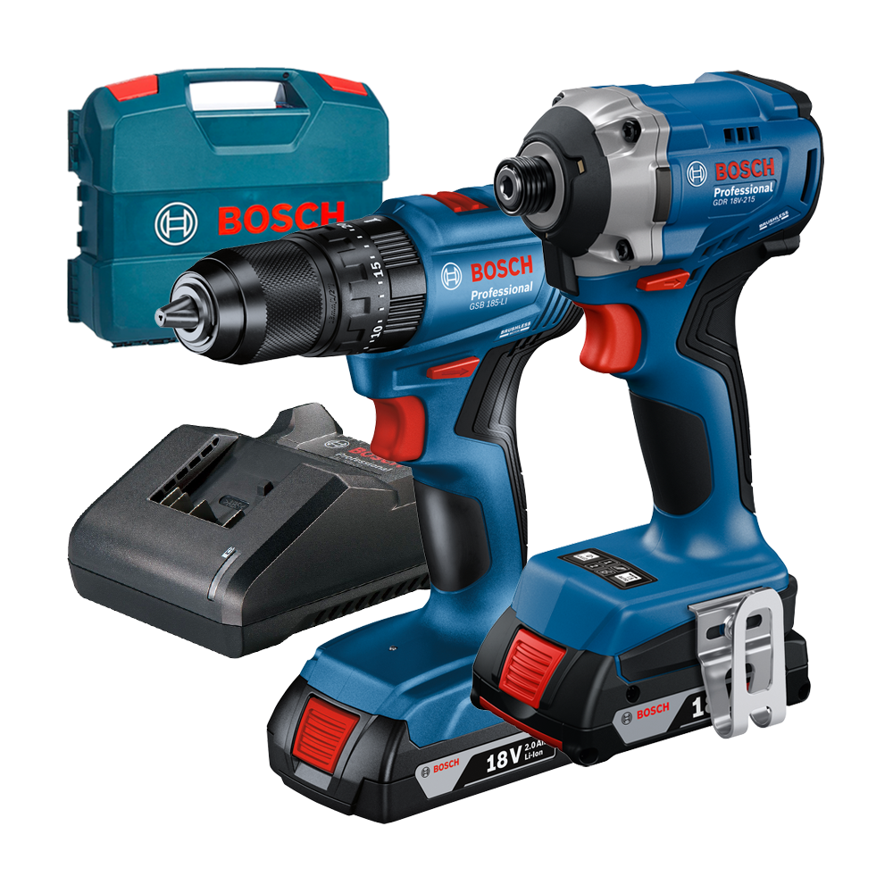 BOSCH GDR 18V-215 Surubelnita cu impact brushless, cu 2 acumulatori Li-Ion, 2Ah, 215Nm + GSB 185-LI Masina de gaurit cu percutie