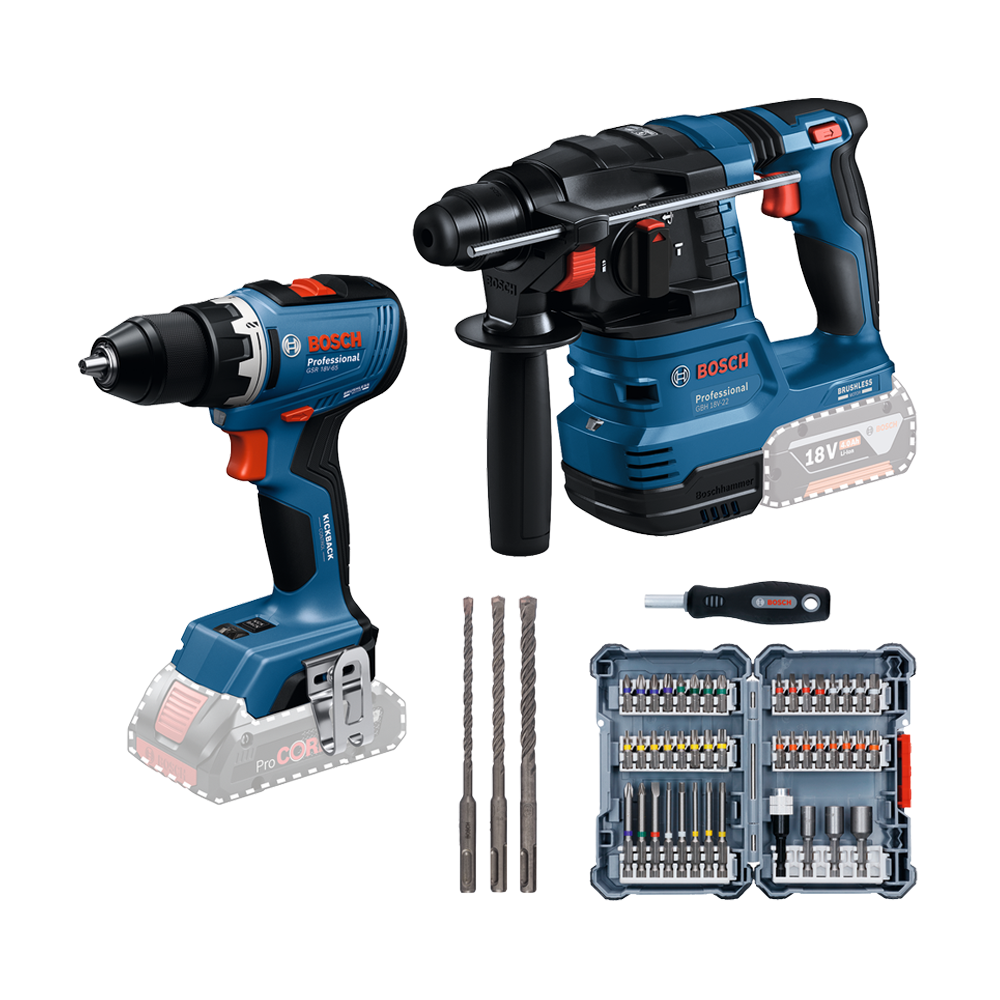 BOSCH Kit 2 scule 18V GSR 18V-65 + GBH 18V-22 + Set 45 biti + Set 3 burghie SDS-plus