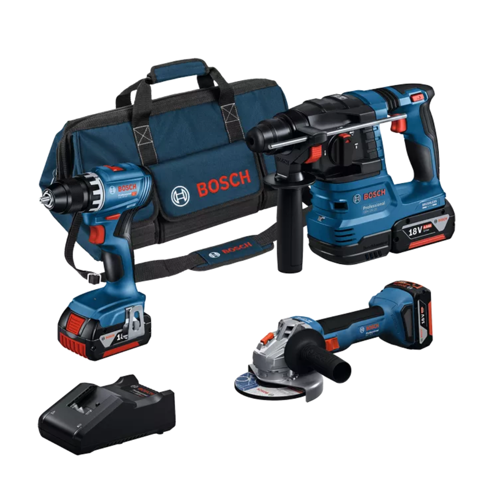 BOSCH Kit 3 scule 18 V GSR 18V-45 + GWS 18V-7 + GBH 18V-22  + 3 acumulatori 4.0Ah + Incarcator GAL 18V-40