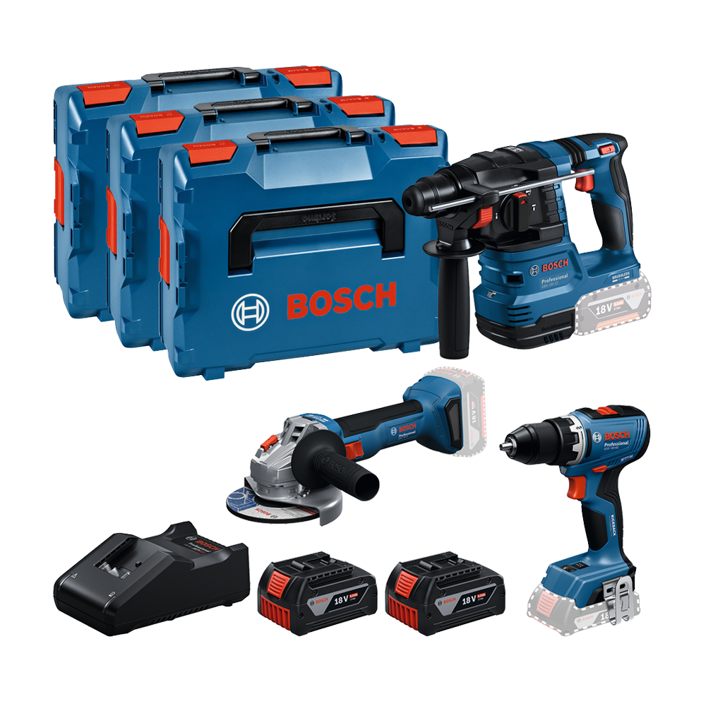 BOSCH Kit 3 scule 18V GBH 18V-22 Ciocan rotopercutor brushless, Li-Ion, 1.9J + GSR 18V-65 Masina de gaurit si insurubat brushles