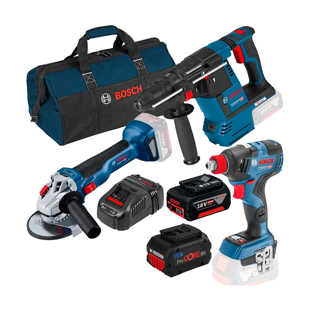 BOSCH Kit 3 scule 18V GBH 18V-26 Ciocan rotopercutor brushless + GDX 18V-200 C Masina de insurubat cu impact brushless, 200Nm +
