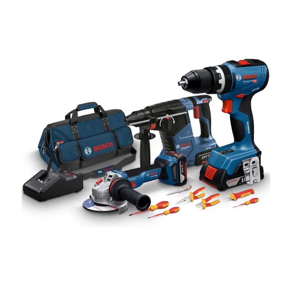 Bosch Set Combi 18V GSB18V-65 + GWS18V-11 + GBH18V‑24C + 3xGBA 18V 5.0Ah + GAL18V-40 + Set 7 scule