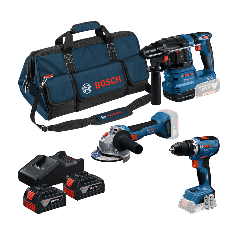 BOSCH Kit 3 scule 18V GSR + GWS + GBH + 2 x GBA 18V 4.0 Ah + GAL 18V-40 + Geanta textil