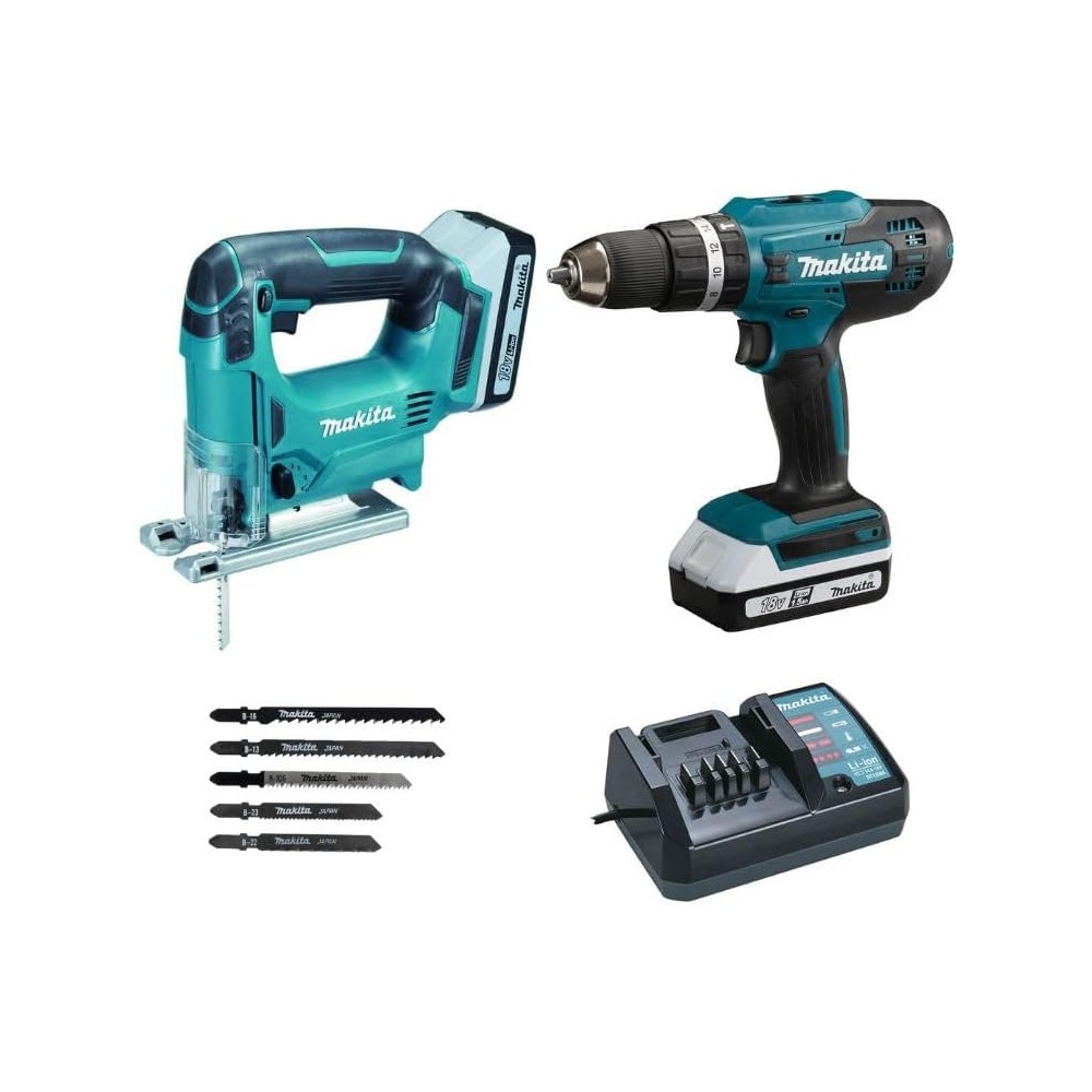 MAKITA DK18B59Y Masina de gaurit cu percutie HP + Ferastrau pentru decupat JV183DZ (SOLO) + 2x BL1815G + DC18WA