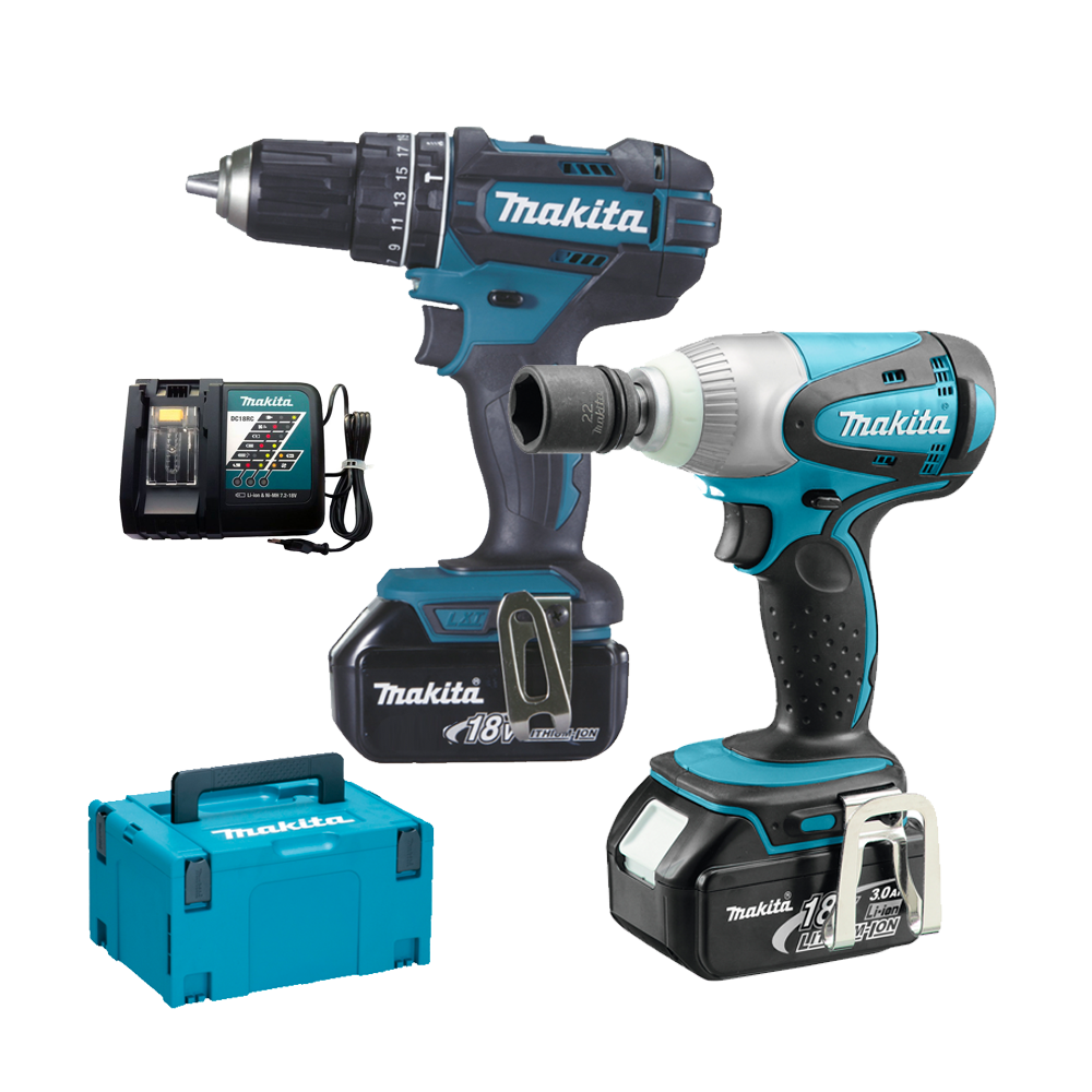MAKITA DLX2133J Kit 2 scule 18V (DHP482Z + DTW251Z) cu 2 acumulatori Li-Ion LXT, de 3Ah + Makpac