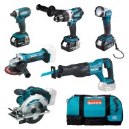 MAKITA DLX6046 Kit 6 scule (DHP458Z + DTD152Z + DGA452 + DJR186Z + DSS610Z + DML802), cu 3 acumulatori Li-Ion, 18V, 5Ah + Incarc