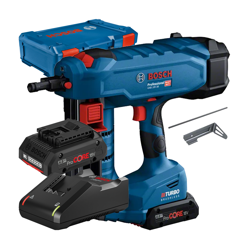 BOSCH GNB 18V-38 Pistol pentru cuie pentru beton BITURBO brushless, cu 2 acumulatori Li-Ion, 4Ah + Incarcator