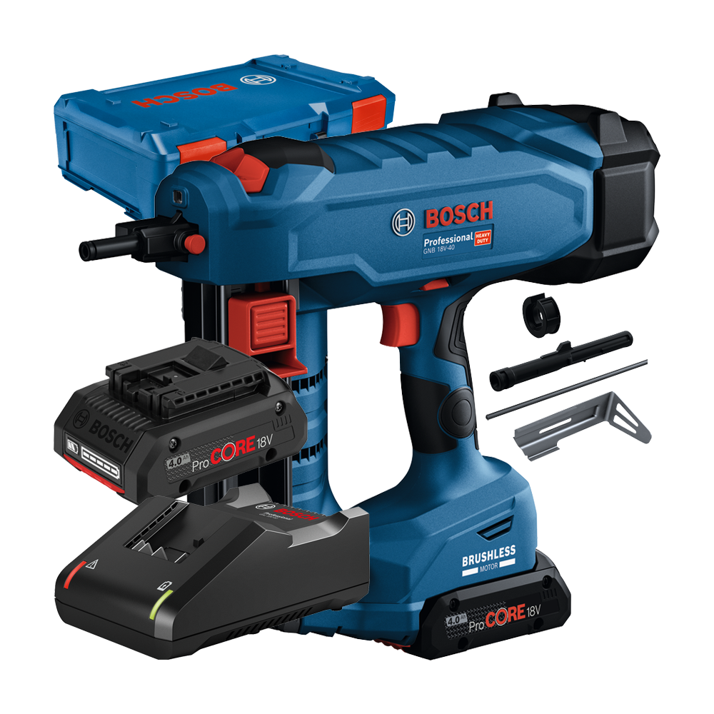 BOSCH GNB 18V-40 Pistol pentru cuie pentru beton BITURBO brushless, cu 2 acumulatori Li-Ion, 4Ah + Incarcator
