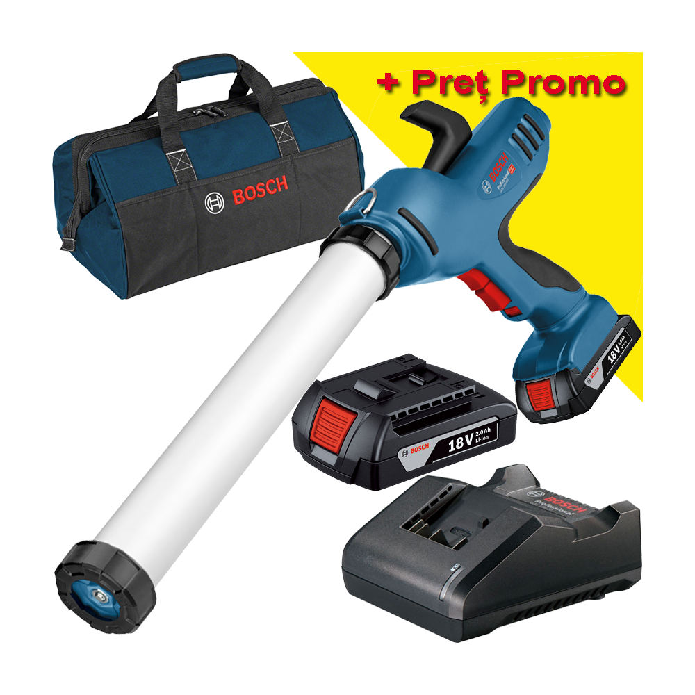 BOSCH GCG 18V-600 (SOLO) Pistol pentru silicon cu 2 acumulatori Li-Ion, 18V, 2Ah + Incarcator de 2Ah + Geanta textil mediu