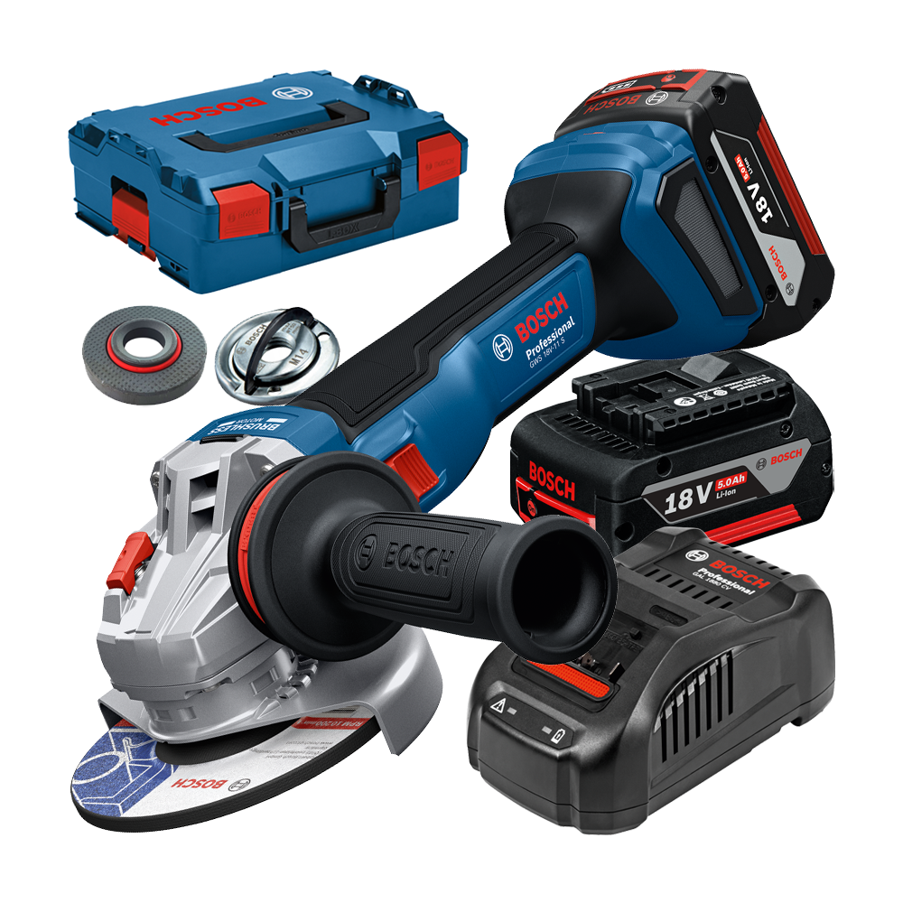 BOSCH  GWS 18V-11 S Polizor unghiular brushless, cu regulator, cu 2 acumulatori Li-Ion, 5Ah, diametru disc 125 mm + L-BOXX