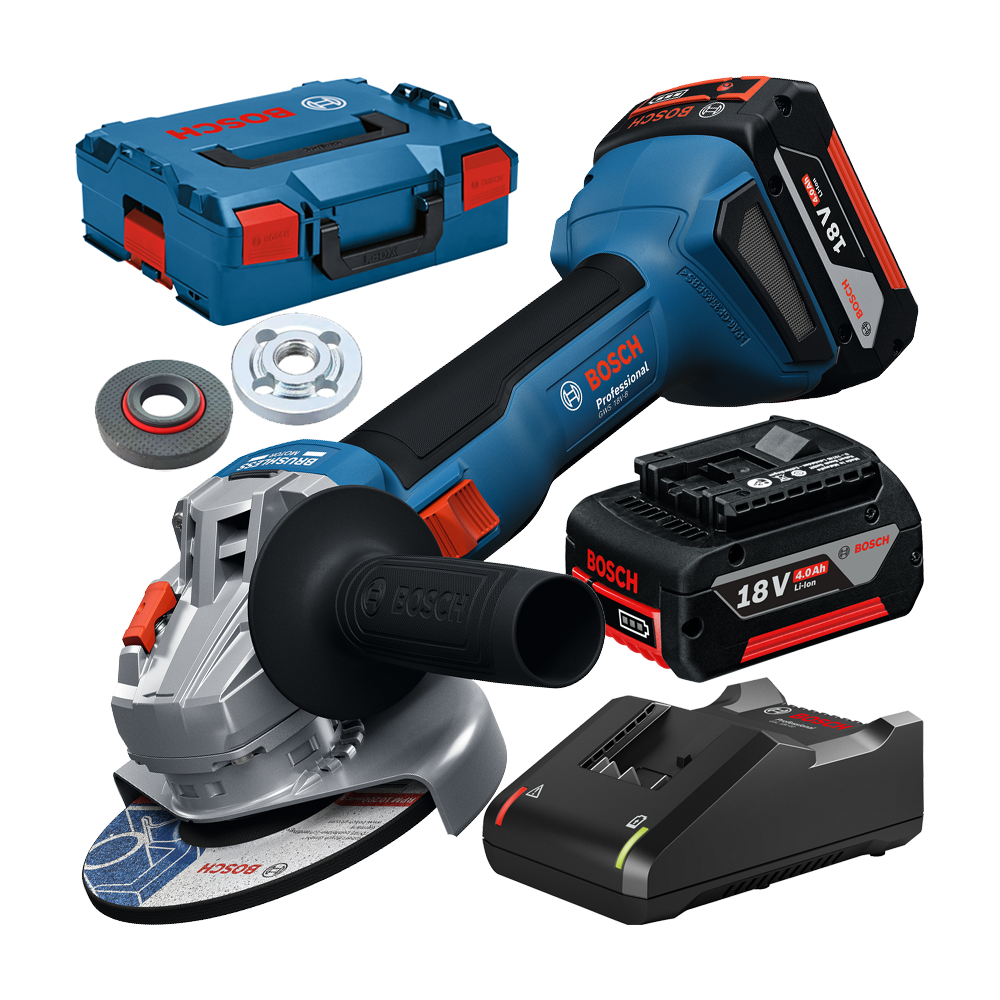 BOSCH  GWS 18V-8 Polizor unghiular brushless, cu 2 acumulatori Li-Ion, 4Ah, diametru disc 125 mm + L-BOXX