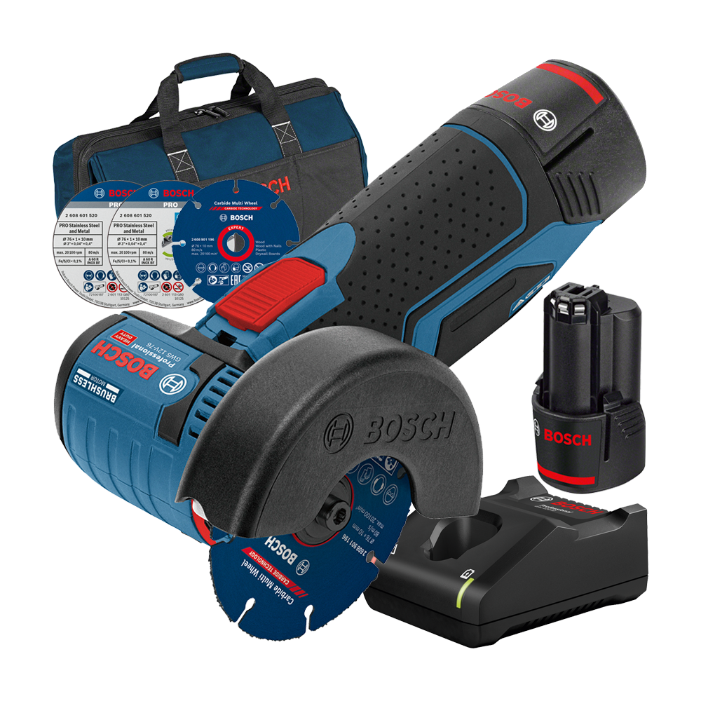 BOSCH GWS 12V-76 Polizor unghiular brushless cu 2 acumulatori Li-Ion, 2Ah + Incarcator rapid de 4Ah GAL12V-40 + Geanta textil