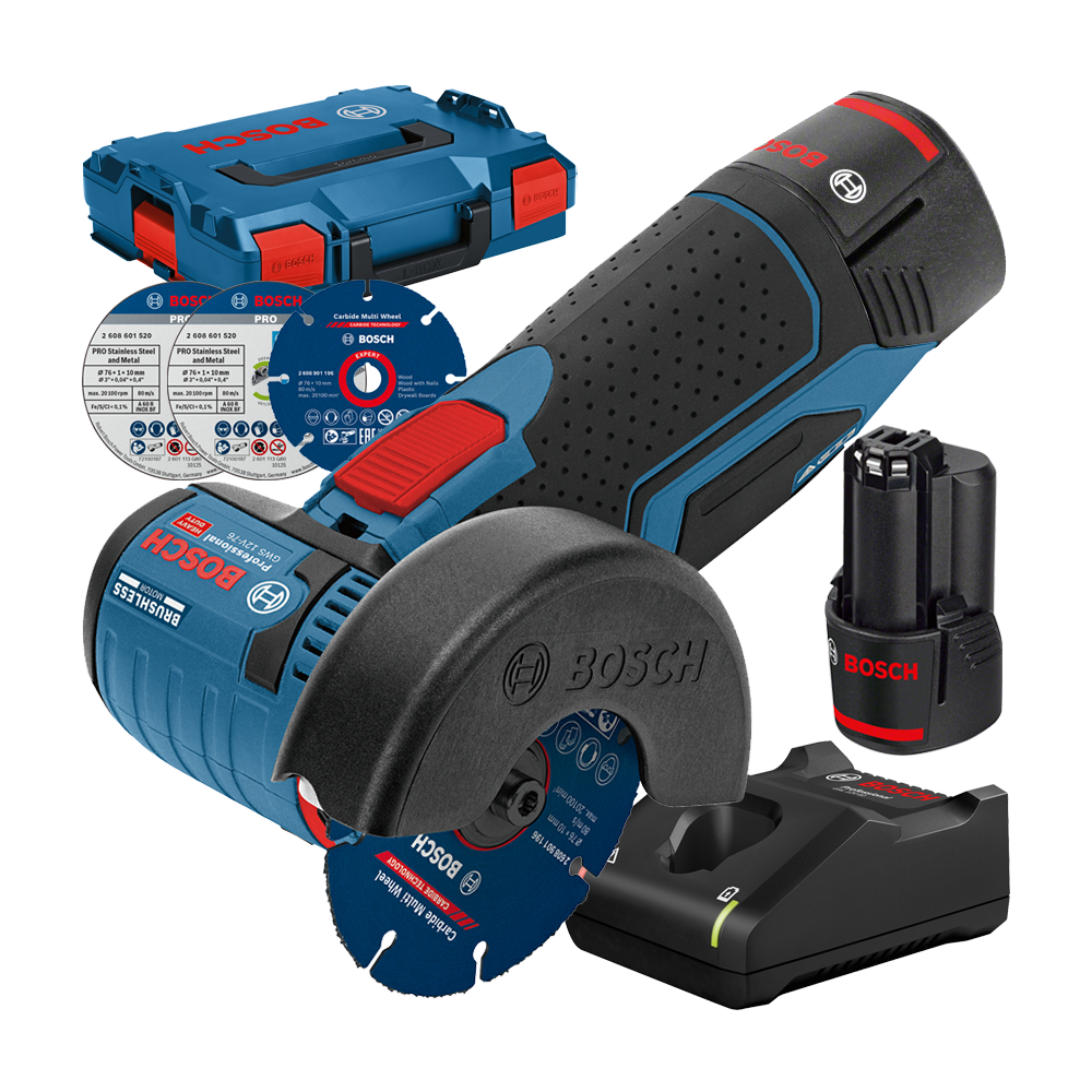 BOSCH GWS 12V-76 Polizor unghiular brushless, cu 2 acumulatori Li-Ion, 3Ah + L-BOXX