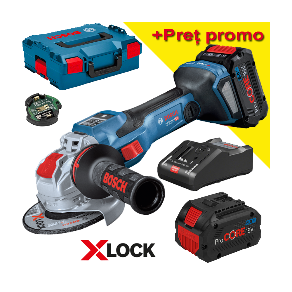 BOSCH GWX 18V-15 SC Polizor unghiular cu regulator brushless BITURBO, cu 2 acumulatori ProCore Li-Ion, 8Ah, diametru disc 125 mm