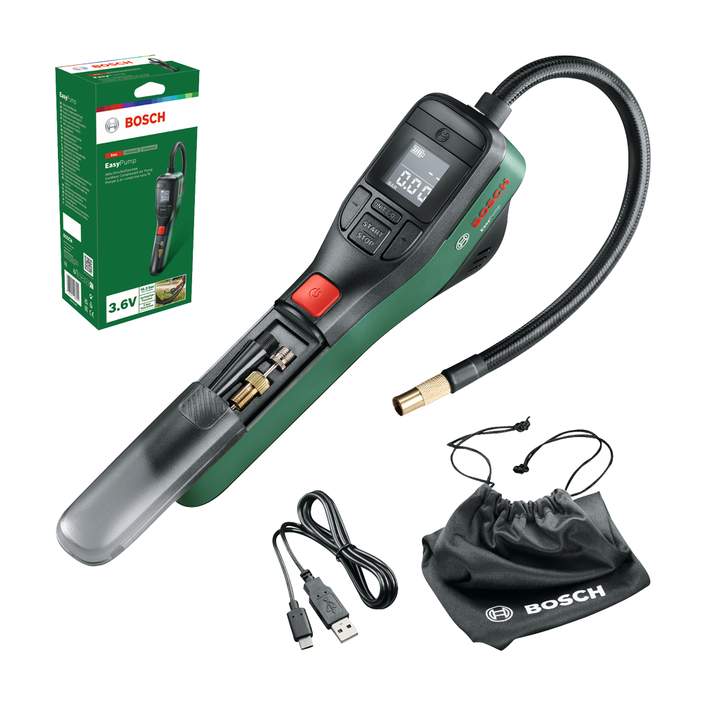 Bosch EasyPump Pompa pneumatica cu acumulator integrat, 3.6V, 3Ah, 10bar, cablu USB + geanta