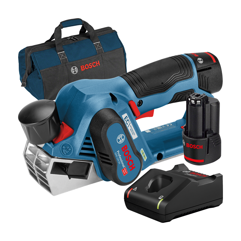 BOSCH  GHO 12V-20 Rindea cu 2 acumulatori Li-Ion, 3Ah + Incarcator rapid de 4Ah GAL12V-40 + Geanta textil