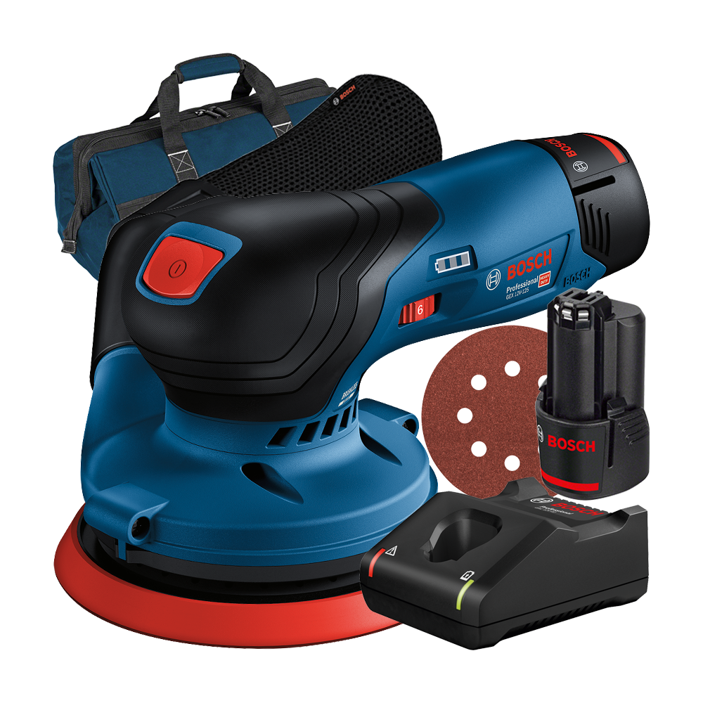 BOSCH GEX 12V-125 Slefuitor excentric Li-Ion, cu 2 acumulatori, 2Ah + Incarcator rapid de 4Ah GAL12V-40 + Geanta textil