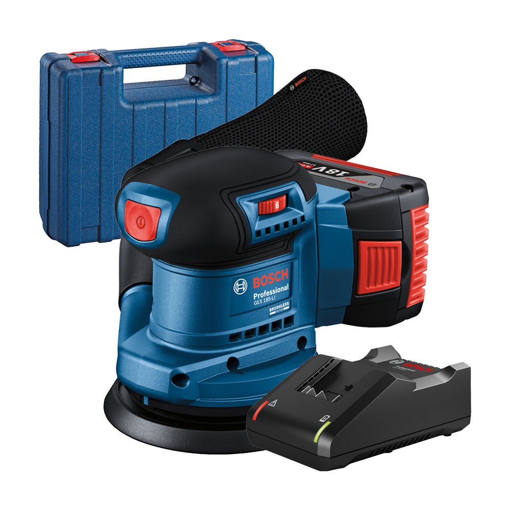 BOSCH GEX 185-LI Slefuitor excentric brushless cu 1 acumulator Li-Ion, 4Ah CoolPack + Incarcator + Valiza