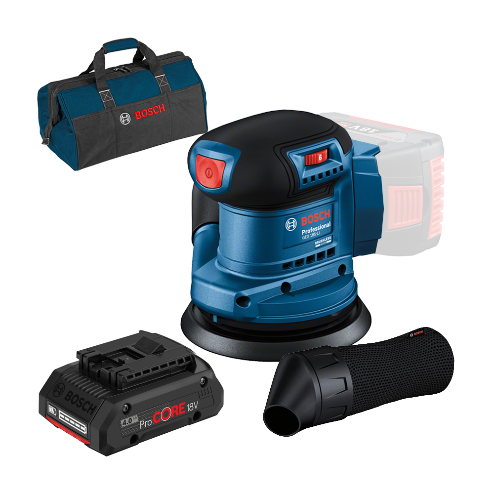 BOSCH GEX 185-LI Slefuitor excentric brushless Li-Ion +  Acumulator 4Ah ProCore + Geanta textil mediu (Fara incarcator!)