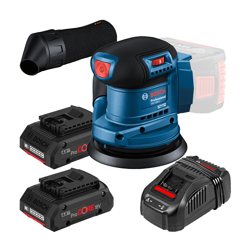 BOSCH GEX 185-LI Slefuitor excentric brushless Li-Ion +  Set 2 acumulatori 4Ah ProCore + Incarcator rapid de 8Ah + Geanta textil