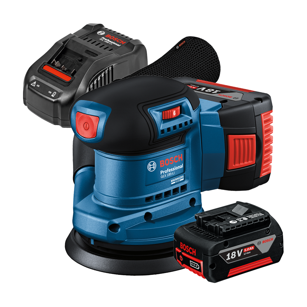 BOSCH GEX 185-LI Slefuitor excentric brushless Li-Ion +  Set 2 acumulatori 5Ah CoolPack + Incarcator