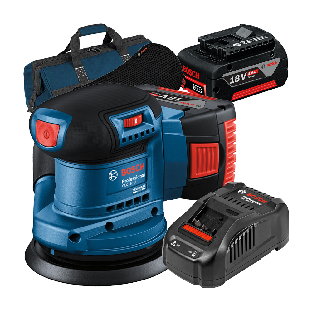 BOSCH GEX 185-LI Slefuitor excentric brushless Li-Ion +  Set 2 acumulatori 5Ah CoolPack + Incarcator + Geanta textil mediu