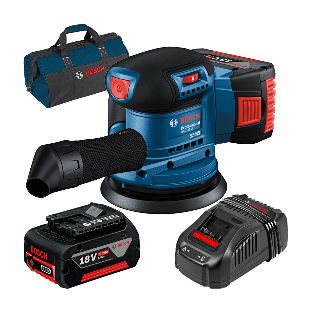 BOSCH GEX 185-LI Slefuitor excentric brushless Li-Ion +  Set 2 acumulatori 5Ah CoolPack + Incarcator + Geanta textil mediu