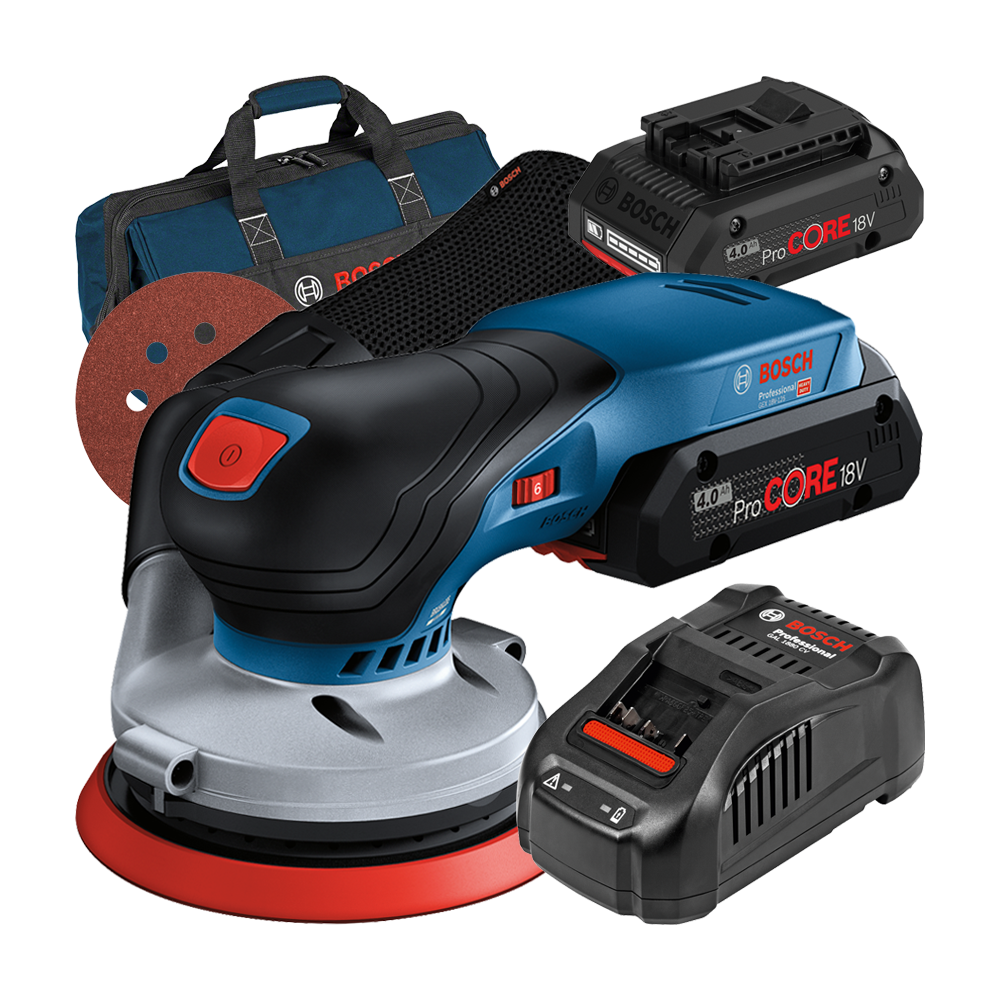 BOSCH GEX 18V-125 (SOLO) Slefuitor excentric Li-Ion +  Set 2 acumulatori 4Ah ProCore + Incarcator rapid de 8Ah GAL1880CV + Geant