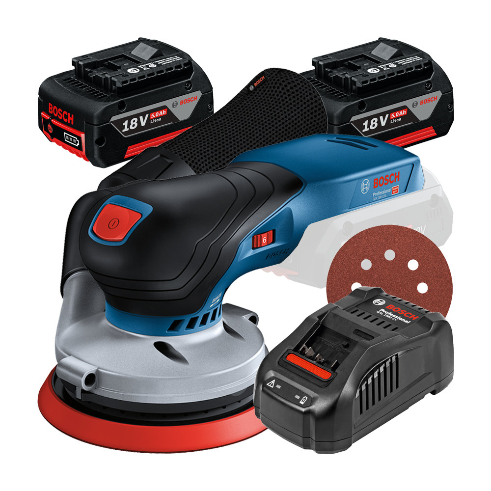 BOSCH GEX 18V-125 (SOLO) Slefuitor excentric Li-Ion +  Set 2 acumulatori 5Ah CoolPack + Incarcator rapid de 8Ah GAL1880CV