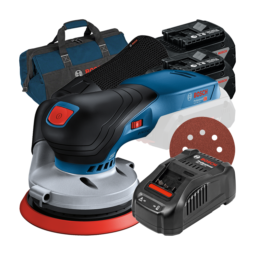 BOSCH GEX 18V-125 (SOLO) Slefuitor excentric Li-Ion +  Set 2 acumulatori 5Ah CoolPack + Incarcator rapid de 8Ah GAL1880CV + Gean