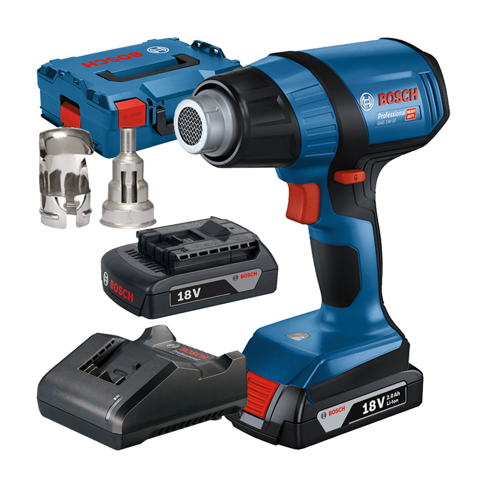 BOSCH GHG 18V-50 Suflanta cu aer cald cu 2 acumulatori Li-Ion, 18V, 2Ah + Incarcator de 2Ah + L-BOXX