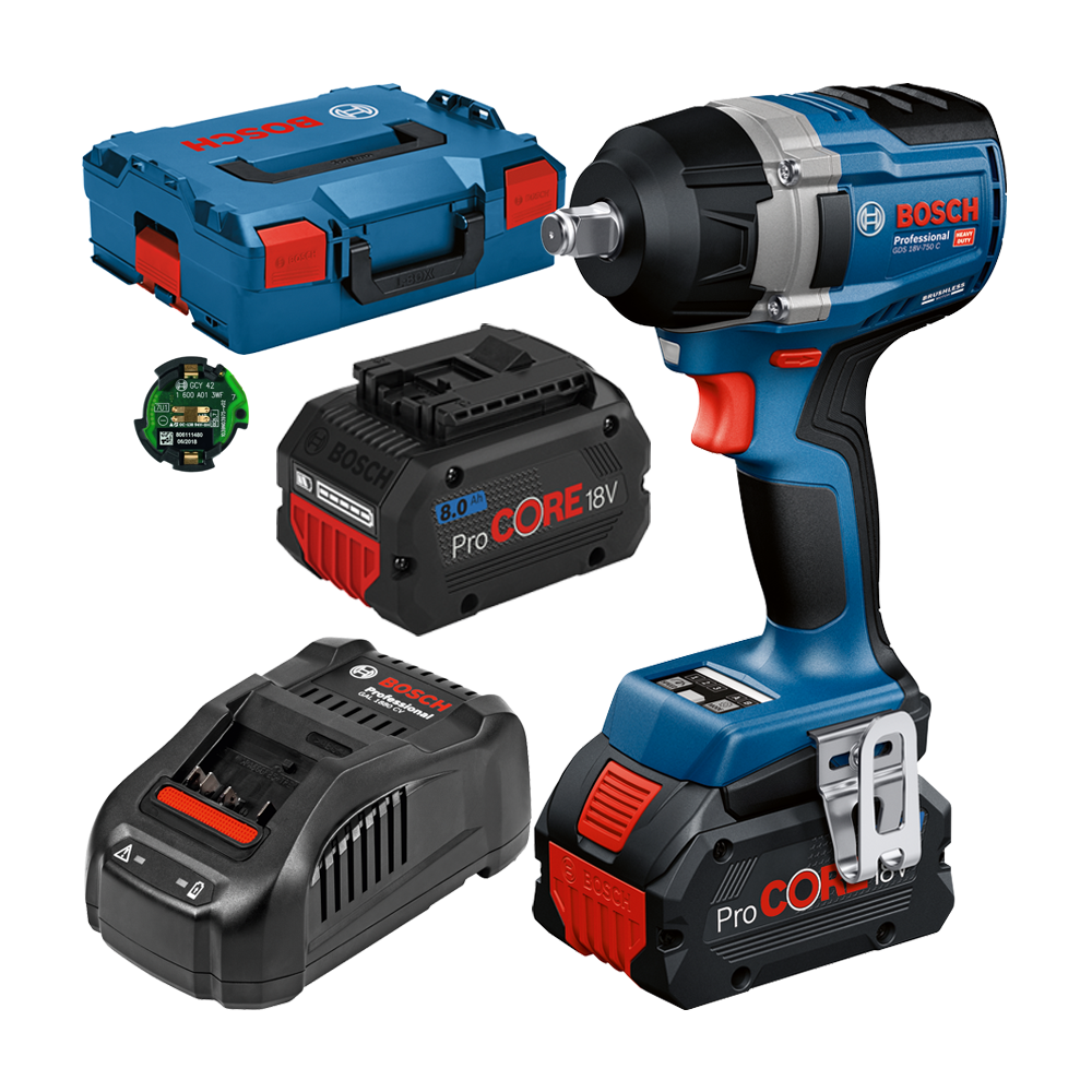 BOSCH GDS 18V-750 C Surubelnita cu impact brushless cu 2 acumulatori Li-Ion, 8Ah, 750Nm, prindere 1/2" + L-BOXX