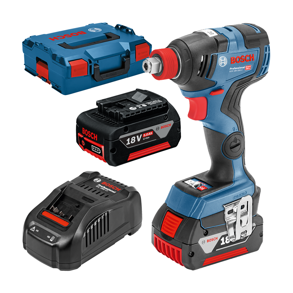 BOSCH GDX 18V-200 C Masina de insurubat cu impact brushless, cu 2 acumulatori Li-Ion, 5Ah, 200Nm + L-BOXX