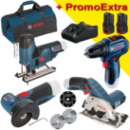 BOSCH  KIT 4 scule 12V (GST 12V-70/GKS 12V-26/GSR 12V-30/GWS 12V-76) cu 2 acumulatori Li-Ion, 2Ah + Incarcator rapid de 4Ah GAL1