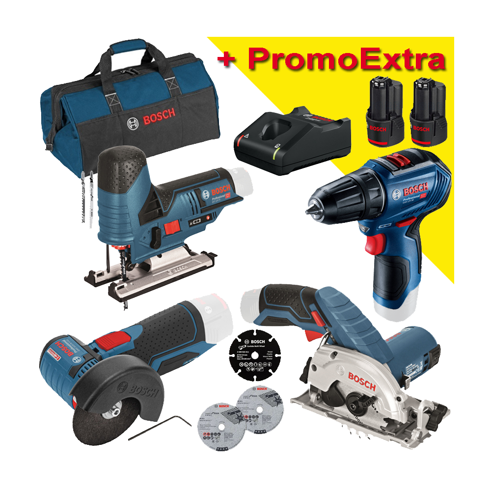 BOSCH  KIT 4 scule 12V (GST 12V-70/GKS 12V-26/GSR 12V-30/GWS 12V-76) cu 2 acumulatori Li-Ion, 2Ah + Incarcator rapid de 4Ah GAL1