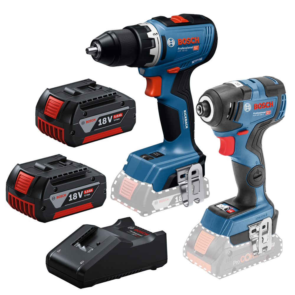BOSCH Kit 2 scule 18V Masina de gaurit si insurubat (GSR 18V-65) Li-Ion, 18V, 63 Nm + Masina de insurubat cu impact (GDR 18V-200