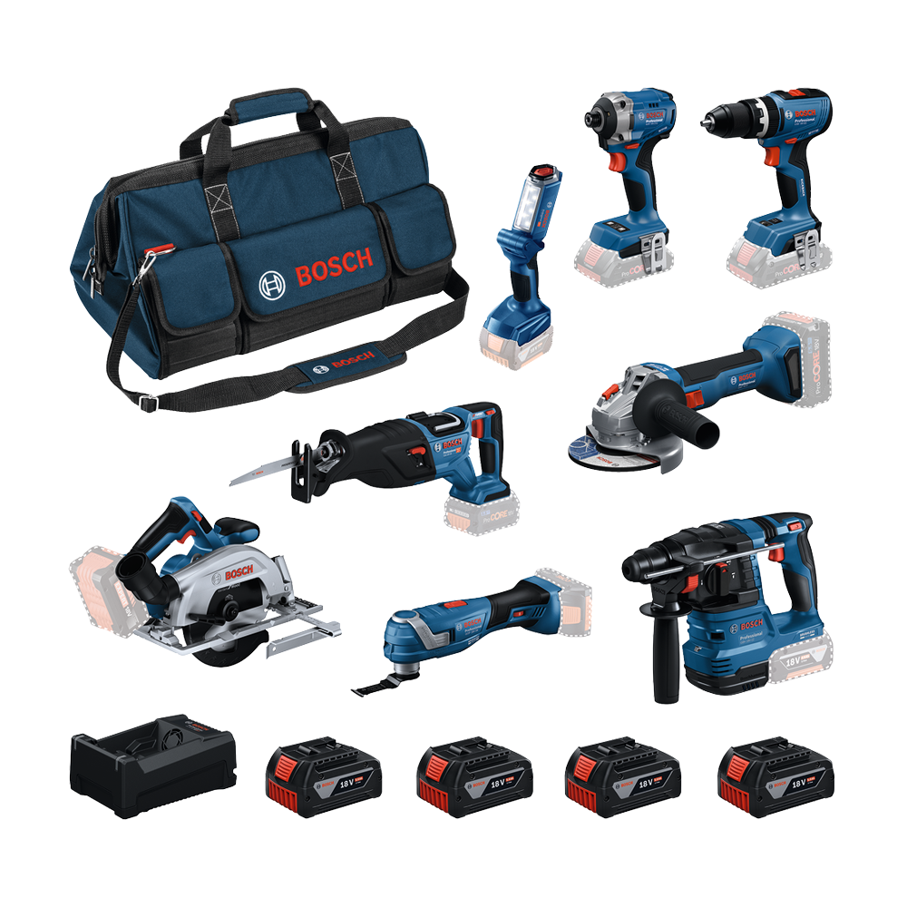 BOSCH Kit 8 scule 18V GBH 18V-22 + GLI 18V-300 + GOP 18V-34 + GSB 18V-65 + GWS 18V-8 + GDR 18V-215 + GKS 18V-57-2 + GSA 18V-28 +