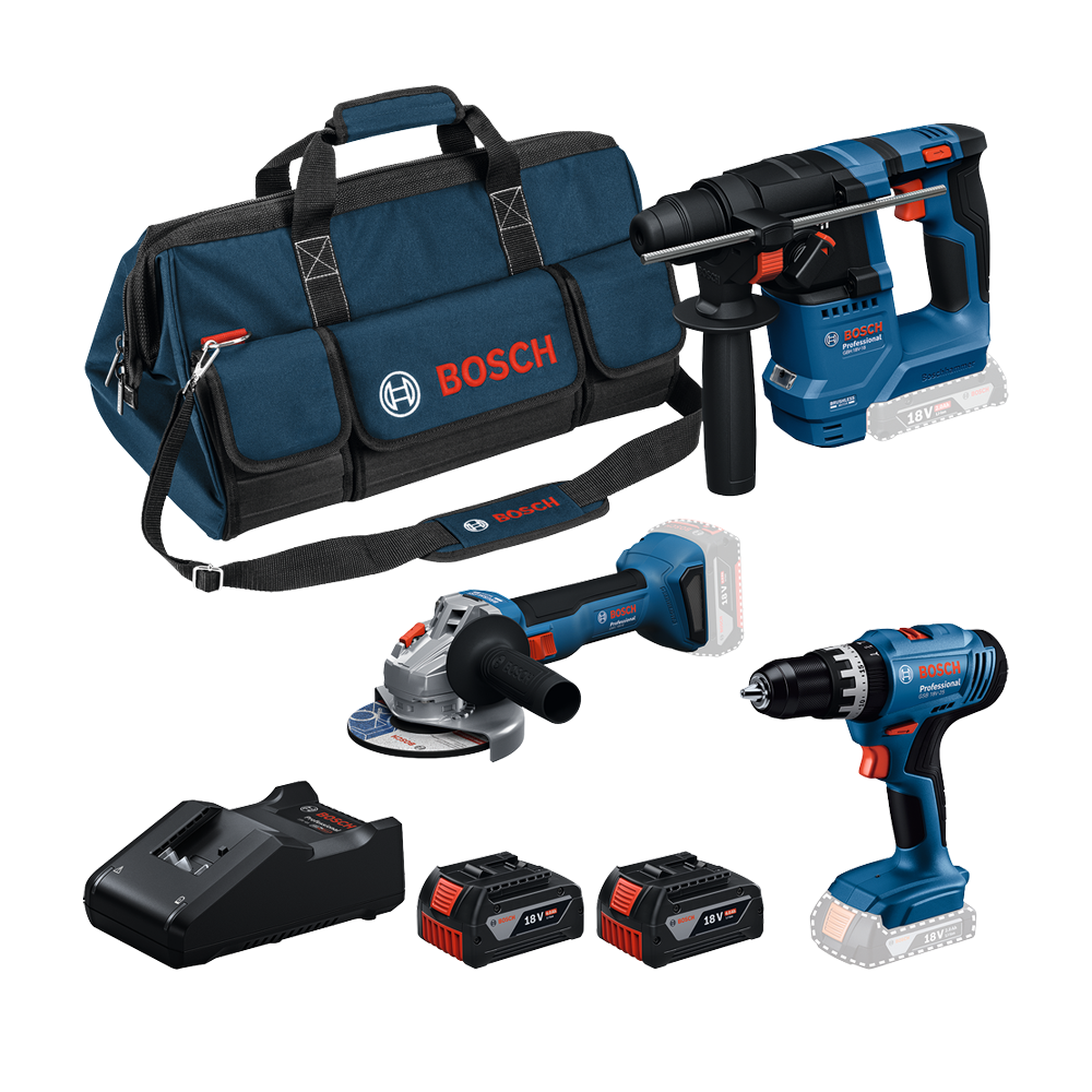 BOSCH Kit 3 scule 18V GBH 18V-18 + GWS 18V-8 + GSR 18V-25 + 2x GBA 4.0Ah + GAL18V-40 + Geanta textil