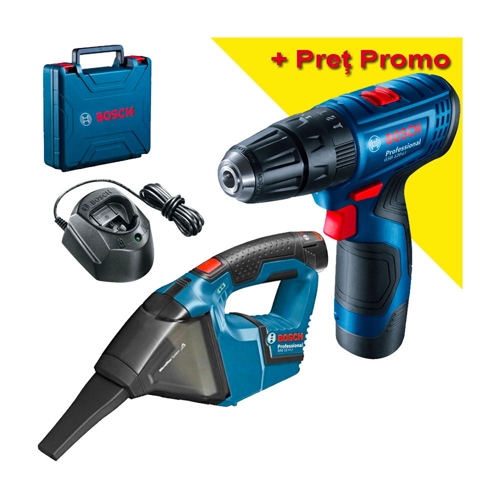 BOSCH GSB 120-LI Masina de gaurit cu percutie cu 2 acumulatori Li-Ion, 2Ah, 30Nm + Valiza + GAS 12V (SOLO) Aspirator